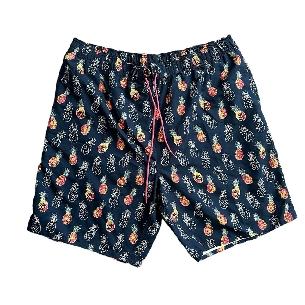 Mens 1x swim shorts navy blue w pineapple print Island Passport 9” inseam